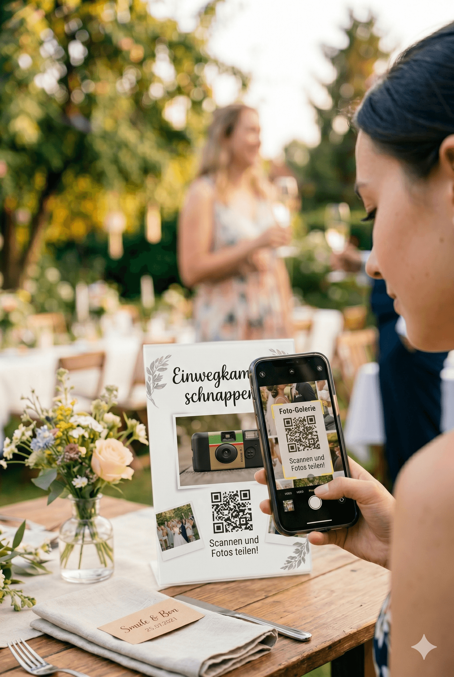 Frau scannt einen QR-Code für eine Einwegkamera